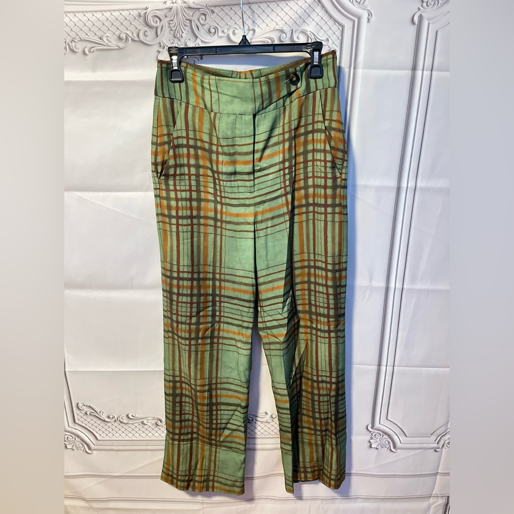 Zara Green Plaid Wide-Leg Pants - Picture 3 of 9
